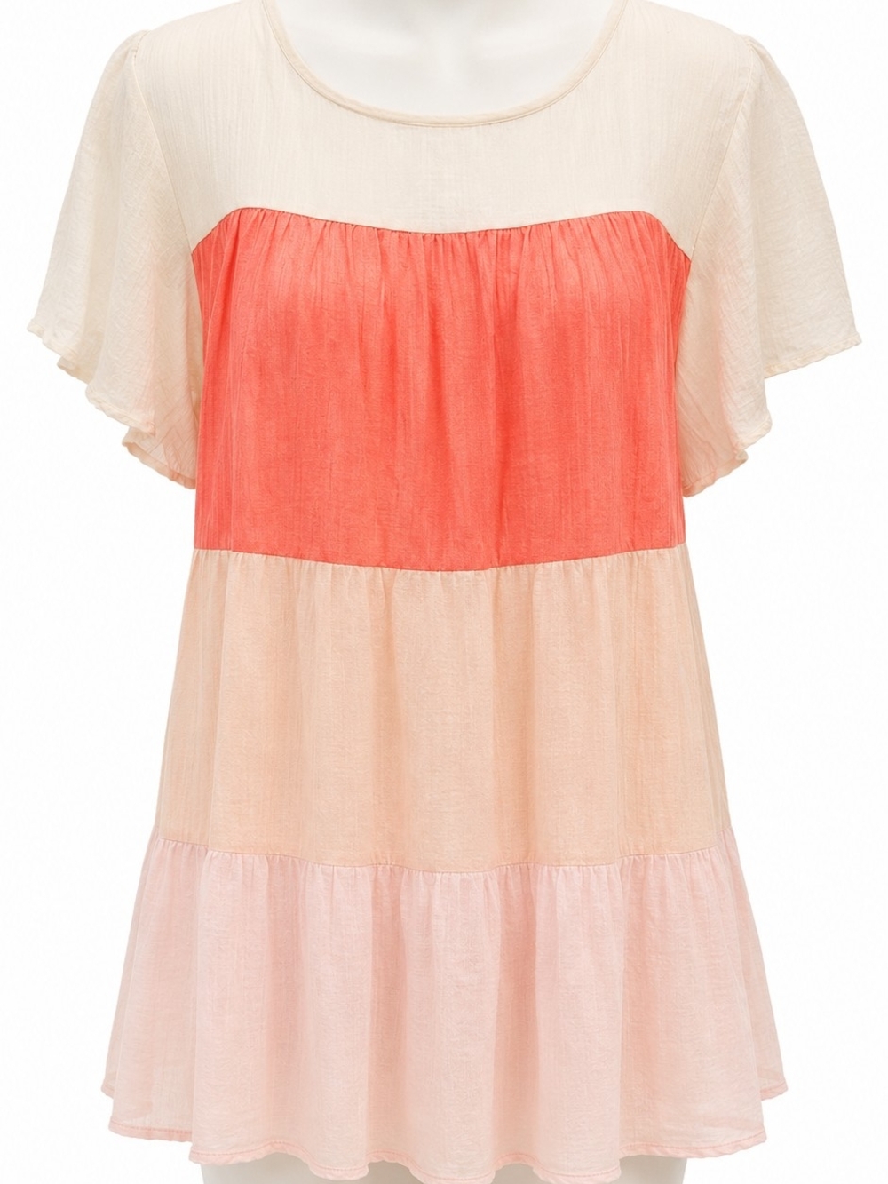 Pink Lily Coral, Cream & Pale Pink Tiered Flutter Sleeve Tunic